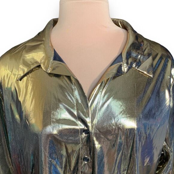 Vintage Gold Metallic Button Down Sheer Blouse Plus Size 22/24 Liquid Disco - Picture 3 of 10